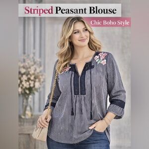 Striped Peasant Blouse L | Embroidered Floral | Boho Chic | Flowy Top